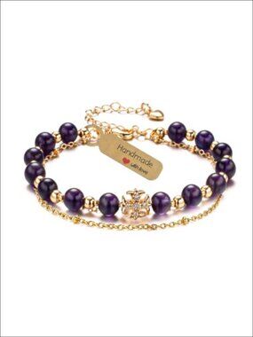 Handmade Natural Amethyst Beaded Bracelet 14K Gold Plated Cross Layered